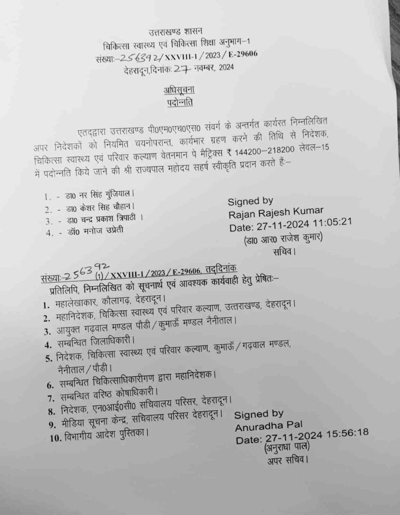 स्वास्थ्य विभाग को मिले नए निदेशक, 04 अपर निदेशकों का हुआ निदेशक पद पर प्रमोशन